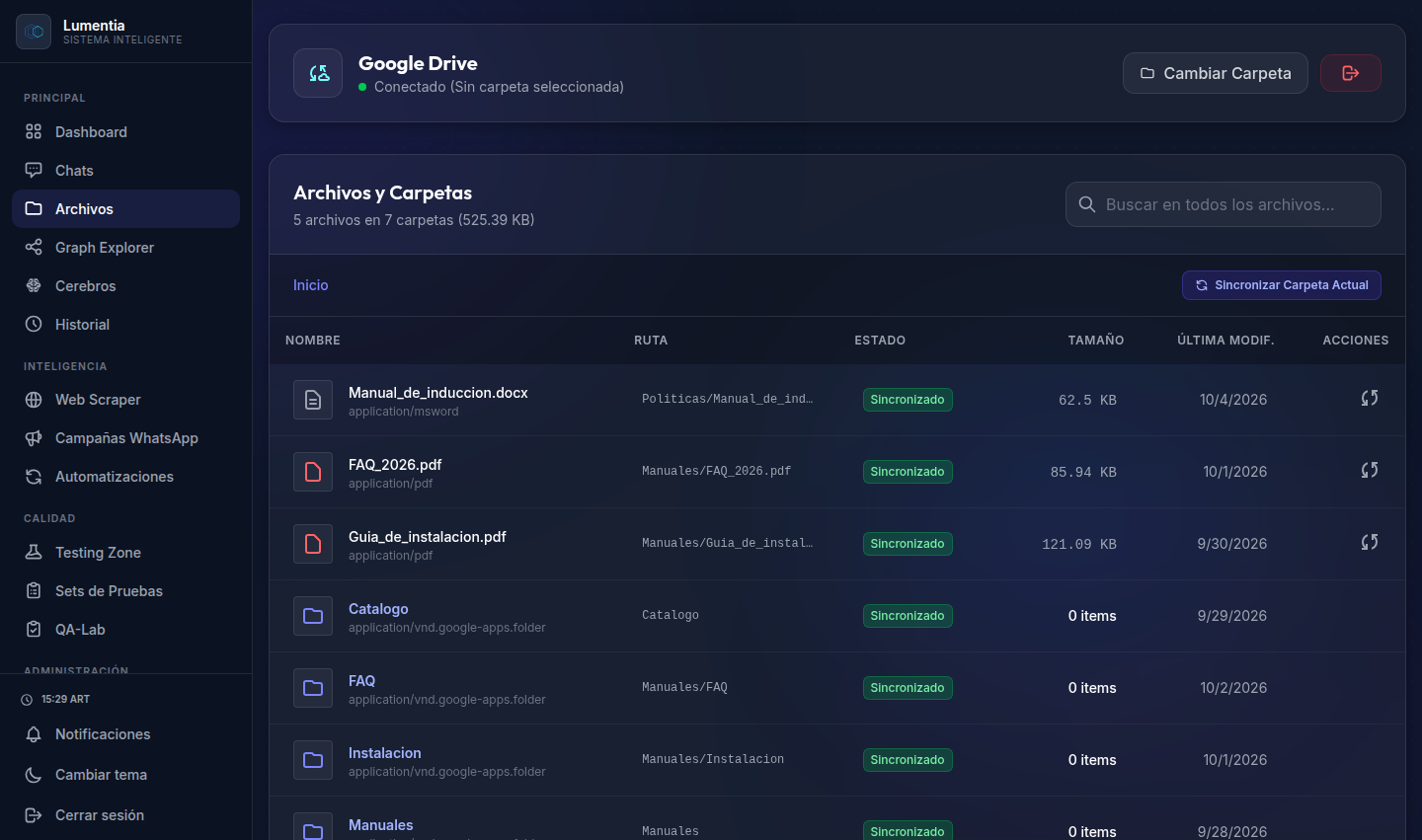 Archivos y Google Drive en Lumentia